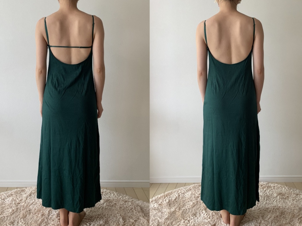 “Tsuya Open Back OP “ 左：ストラップあり 右：ストラップなし